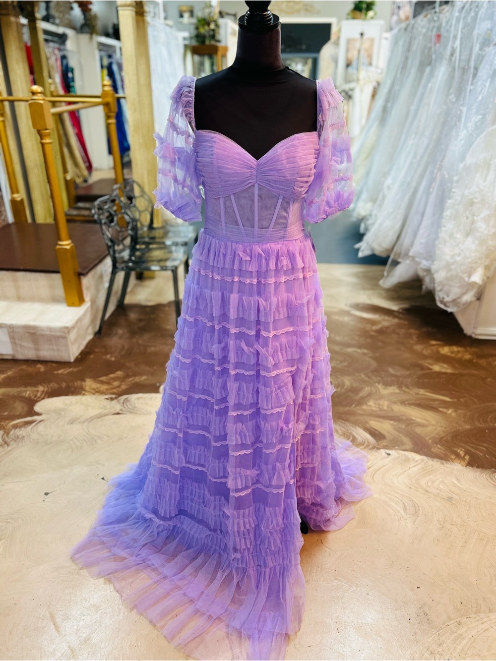 Lilac Ruffled Tulle Prom Dress with Sweetheart Bodice